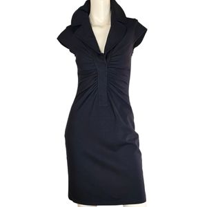 Cache Stretchy Ruched Front Knotched Collar V-neck Black Dress, EUC, size 4